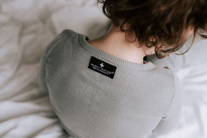 Organic Thermal Baby + Kids Pajama Set | Neutral Gray — Back neckline and fabric detail