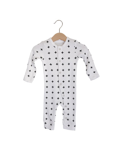B+W Swiss Cross Organic Baby Button Coverall — product photograph.