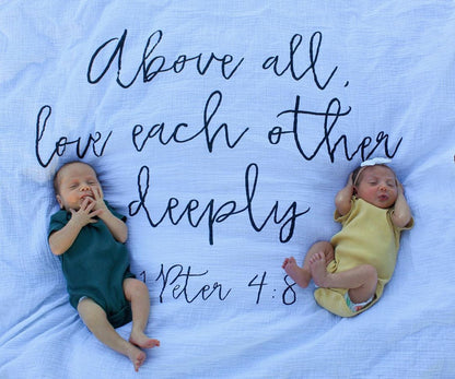 1 Peter 4:8 Scripture Swaddle | GOTS Certified Organic Cotton Muslin