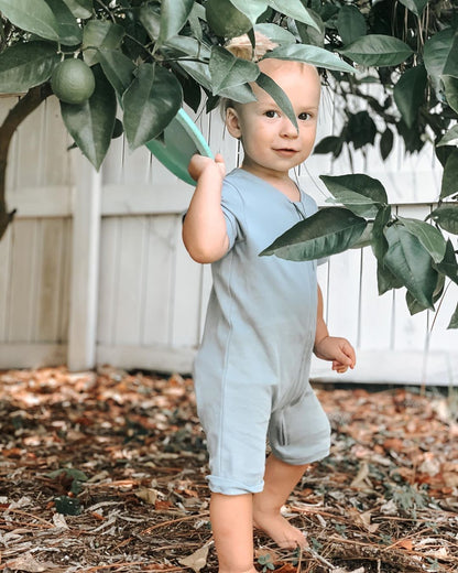 Organic short sleeve zip romper in solid colors – alternate view 9
