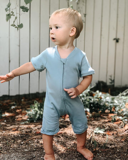 Organic Short Sleeve Zip Romper | GOTS Certified Organic Cotton | Solid Colors