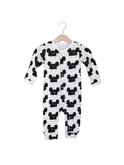 B+W Modern Mouse Organic Baby Button Coverall — product photograph.