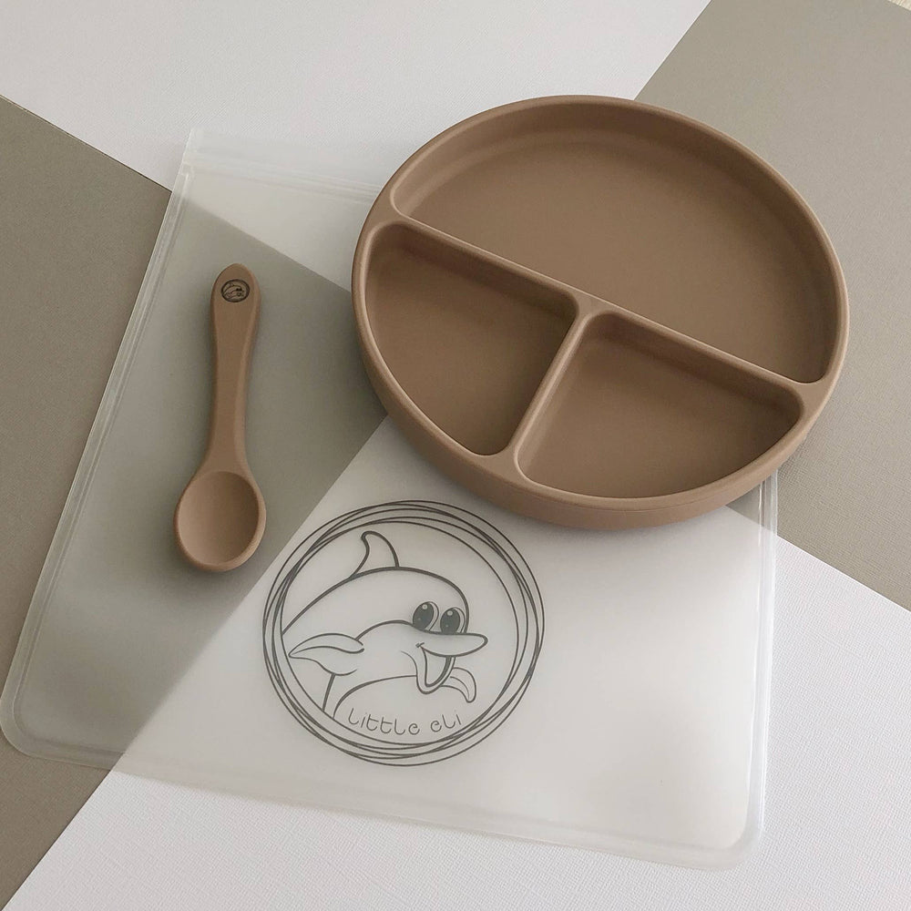 Little Eli - Silicone Suction Plate + Spoon + Storage Bag - Coastal Sand