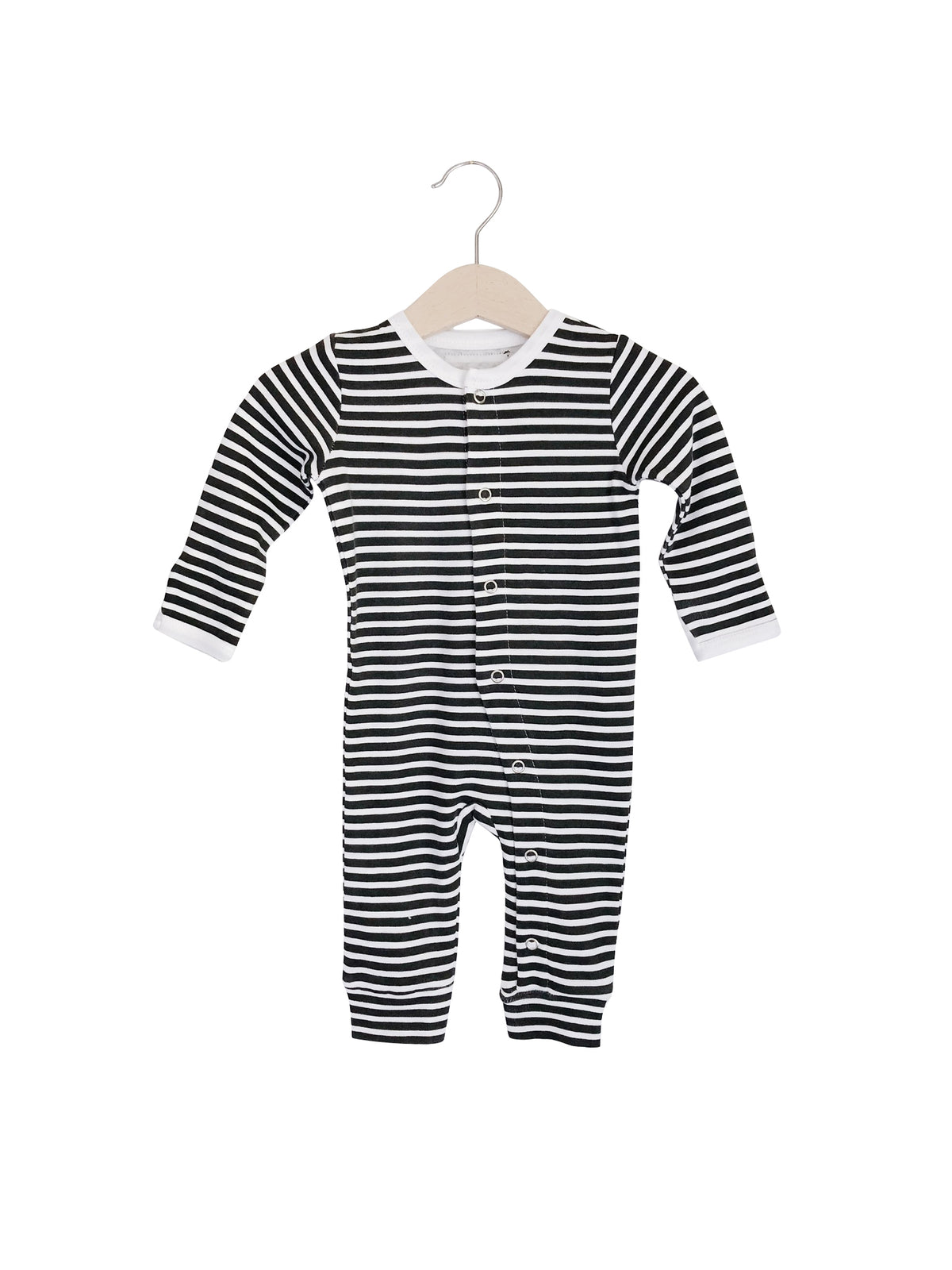 B+W Stripes Organic Baby Button Coverall — product photograph.