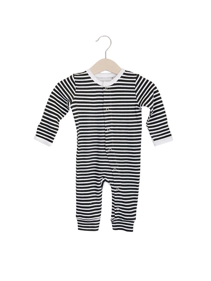 B+W Stripes Organic Baby Button Coverall — product photograph.