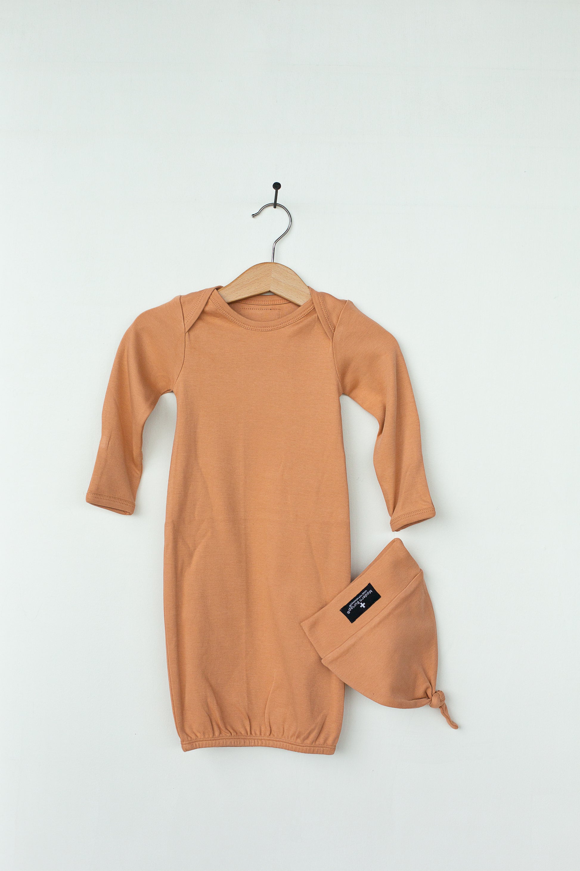 Dusty Coral organic knot hat and gown set by Modern Burlap