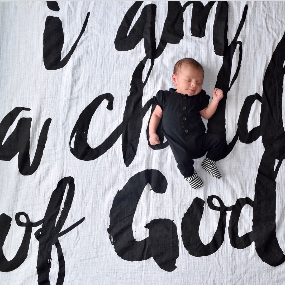I Am a Child of God organic cotton muslin swaddle by Modern Burlap