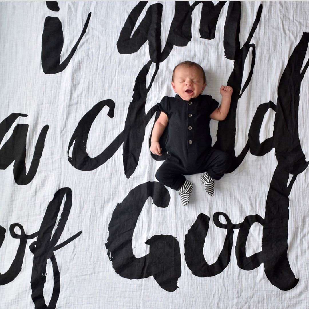 I Am a Child of God organic cotton muslin swaddle by Modern Burlap