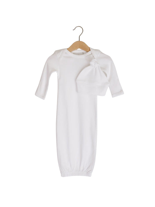 White Organic Knot Hat + Gown Set — product photograph.