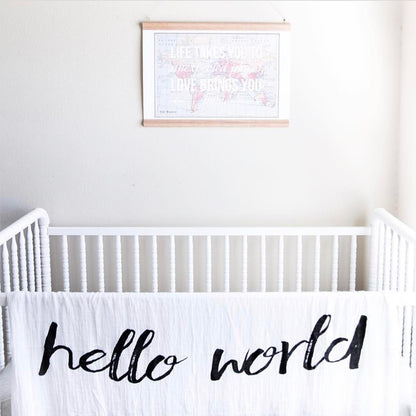 Hello World organic cotton muslin swaddle by Modern Burlap