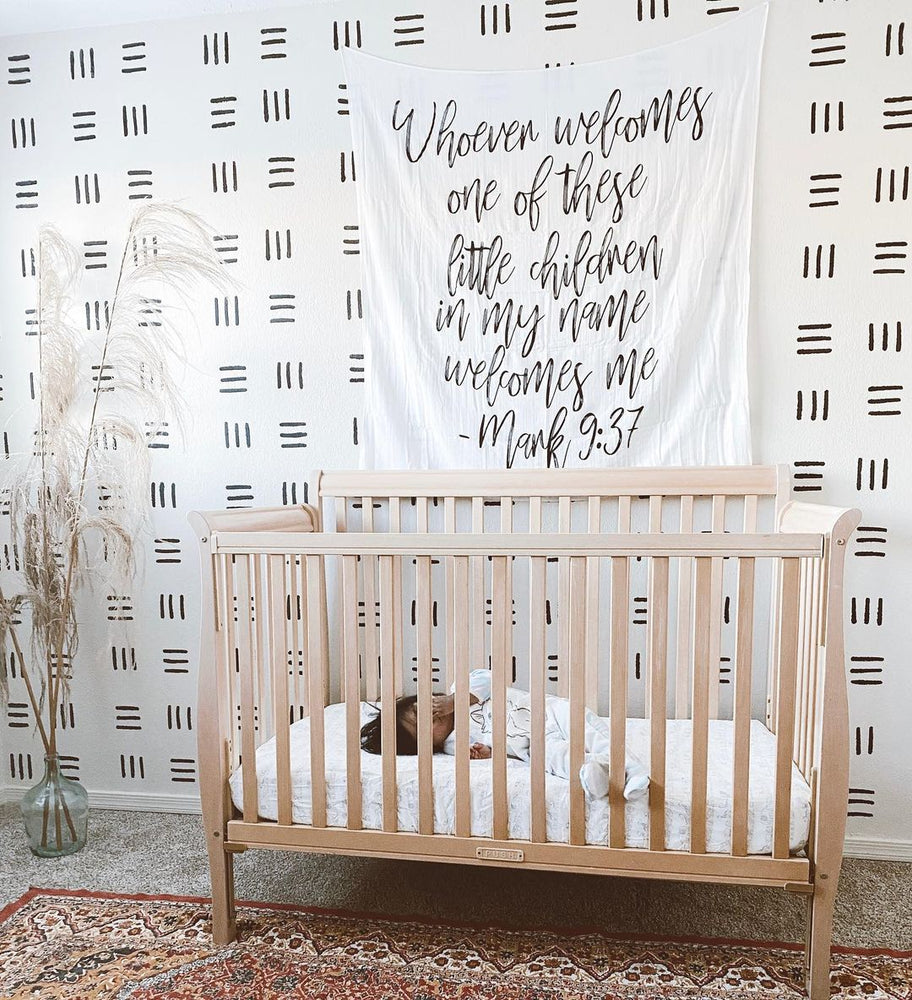 Organic Swaddle + Wall Art - Mark 9:37  Whoever welcomes one of these little children in my name welcomes me; and whoever welcomes me does not welcome me but the one who sent me.