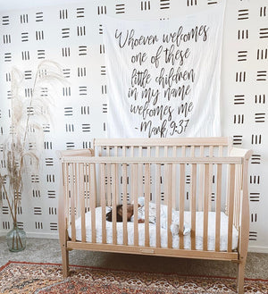 
                  
                    Load image into Gallery viewer, Organic Swaddle + Wall Art - Mark 9:37  Whoever welcomes one of these little children in my name welcomes me; and whoever welcomes me does not welcome me but the one who sent me.
                  
                