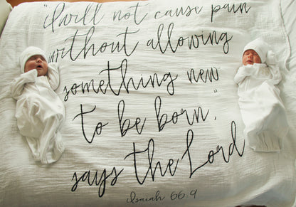 Isaiah 66:9 Scripture swaddle and wall art by Modern Burlap