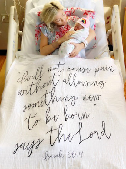 Isaiah 66:9 Scripture swaddle and wall art by Modern Burlap