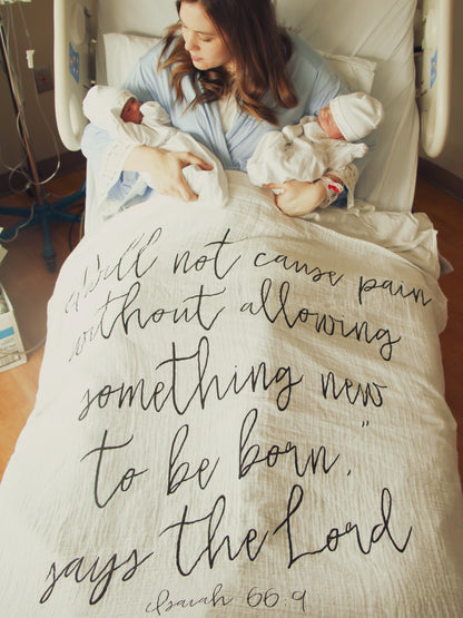 Isaiah 66:9 Scripture swaddle and wall art by Modern Burlap