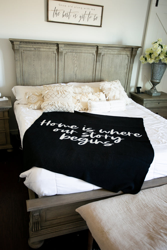 Made in the USA | Recycled Cotton Blend Home is where our story begins Throw Blanket | Black
