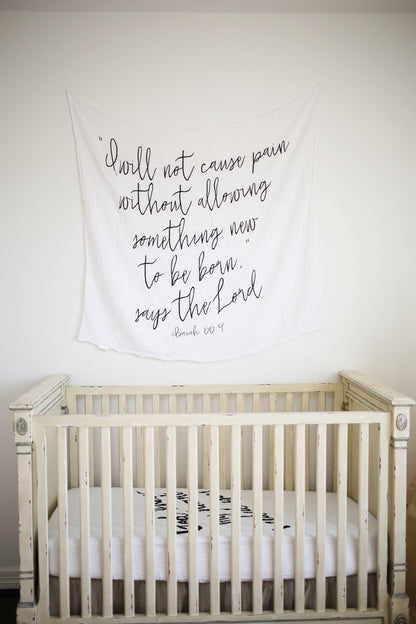Isaiah 66:9 Scripture swaddle and wall art by Modern Burlap