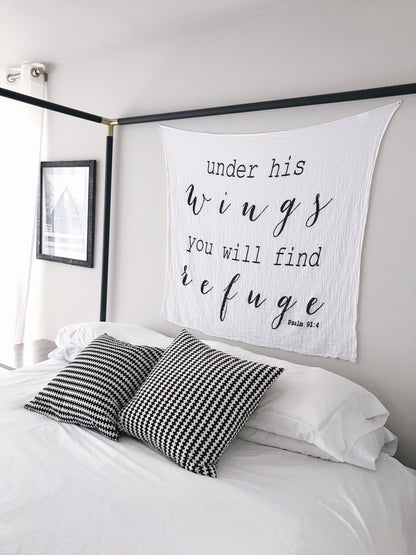 Psalm 91:4 Scripture Swaddle + Wall Art | GOTS Certified Organic Cotton Muslin