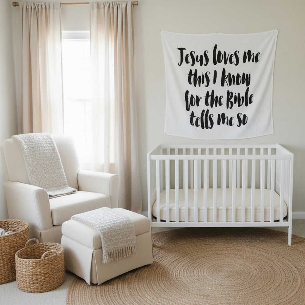 Jesus Loves Me Organic Swaddle + Wall Art | GOTS Certified Organic Cotton Muslin