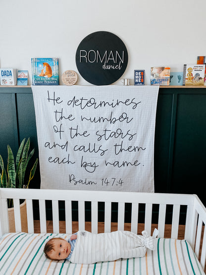 Psalm 147:4 Christian Scripture swaddle by Modern Burlap