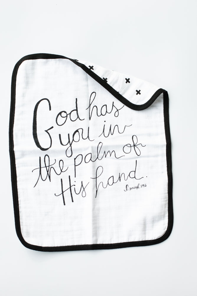 Organic Burp Cloth -  REVERSIBLE Isaiah 49:16 God has you + Swiss Cross