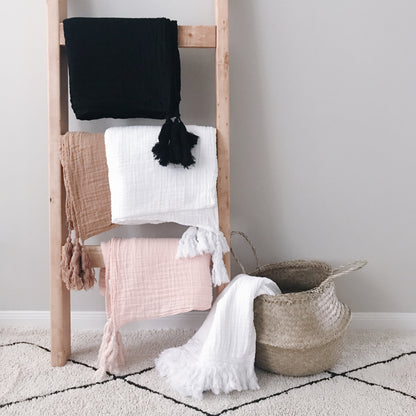 Organic Muslin XL Throw Blanket | White Tassels | GOTS Certified Organic Cotton Muslin
