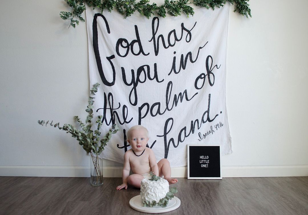 Isaiah 49:16 organic muslin Scripture swaddle by Modern Burlap