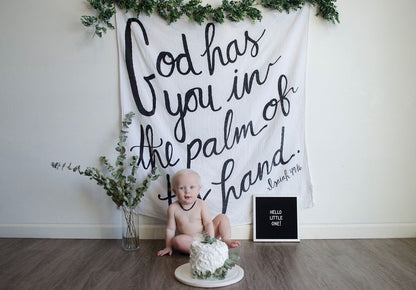 Isaiah 49:16 organic muslin Scripture swaddle by Modern Burlap