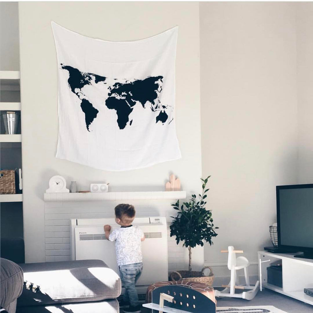 
                  
                    Load image into Gallery viewer, Organic Swaddle + Wall Art -  WORLD MAP
                  
                