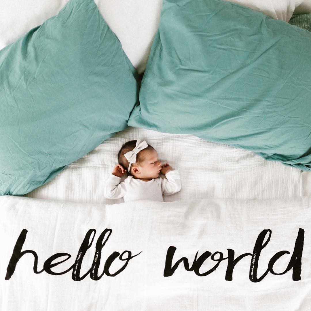 Hello World organic cotton muslin swaddle by Modern Burlap
