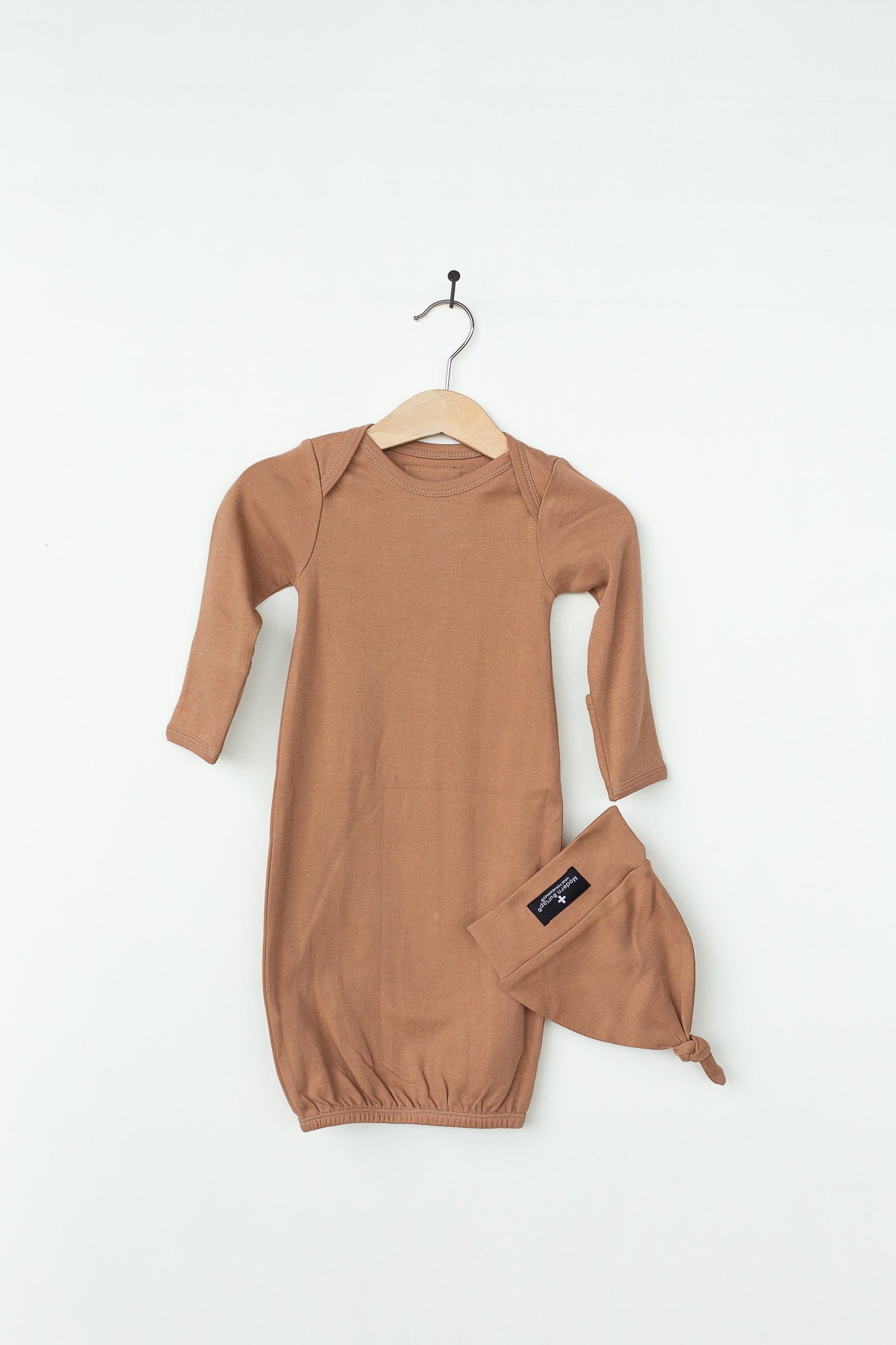 Mocha Mousse organic knot hat and gown set by Modern Burlap