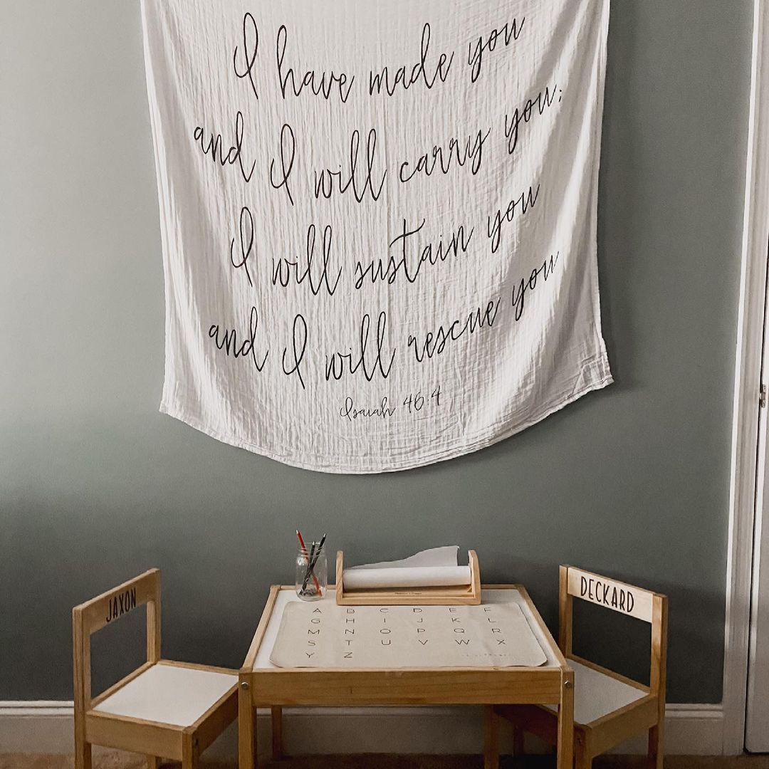 Isaiah 46:4 Scripture swaddle and wall art by Modern Burlap