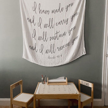 Isaiah 46:4 Scripture swaddle and wall art by Modern Burlap