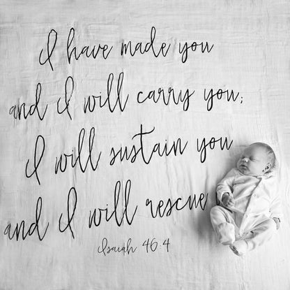 Isaiah 46:4 Christian Scripture swaddle by Modern Burlap