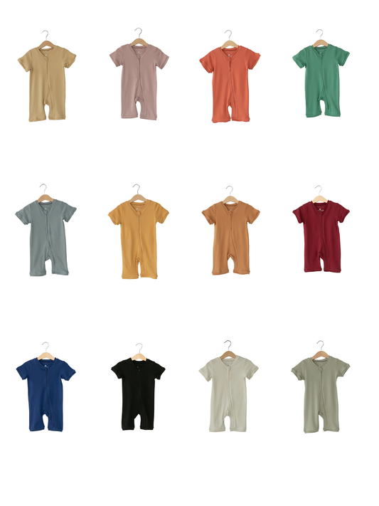 Solid color organic short sleeve zip romper by Modern Burlap