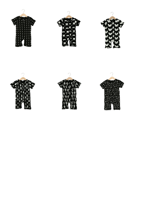 Signature print organic short sleeve zip romper by Modern Burlap