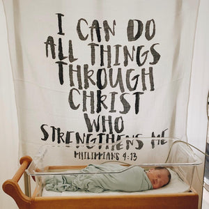 
                  
                    Load image into Gallery viewer, Organic Swaddle + Wall Art - Philippians 4:13  I can do all things through Christ who strengthens me
                  
                