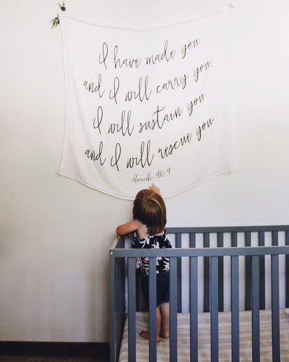 Isaiah 46:4 GOTS organic cotton muslin swaddle by Modern Burlap