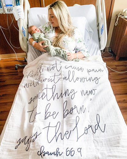 Isaiah 66:9 Scripture swaddle and wall art by Modern Burlap