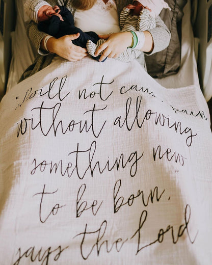 Isaiah 66:9 Scripture swaddle and wall art by Modern Burlap